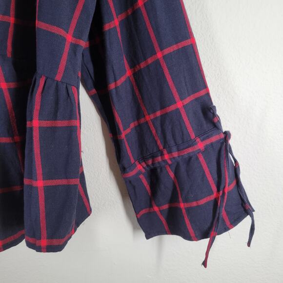 ASOS Curve Plaid Blouse Womens 14 Blue Red Faux Wrap Bell Sleeve Academia - Picture 4 of 9